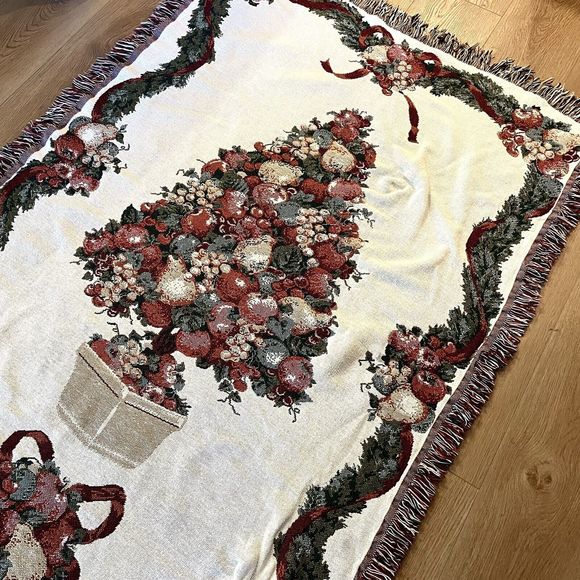 Vintage Christmas Tapestry Blanket Throw Afghan Topiary Tree Ribbon 47"x 66" - Picture 2 of 5
